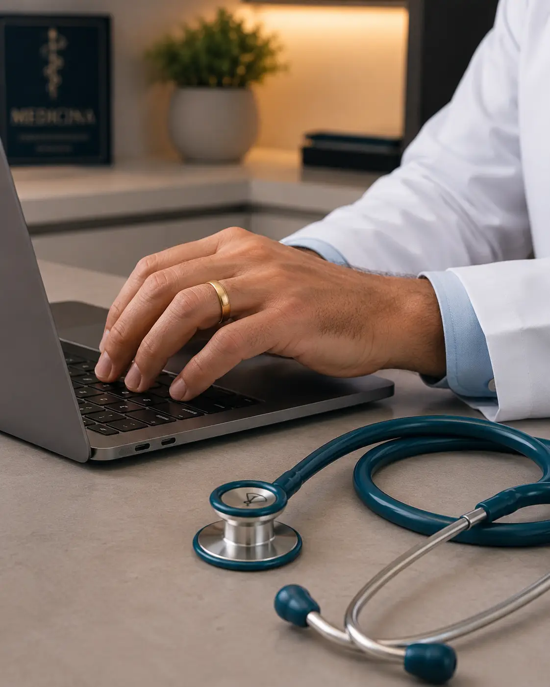 Consulta médica com notebook e estetoscópio