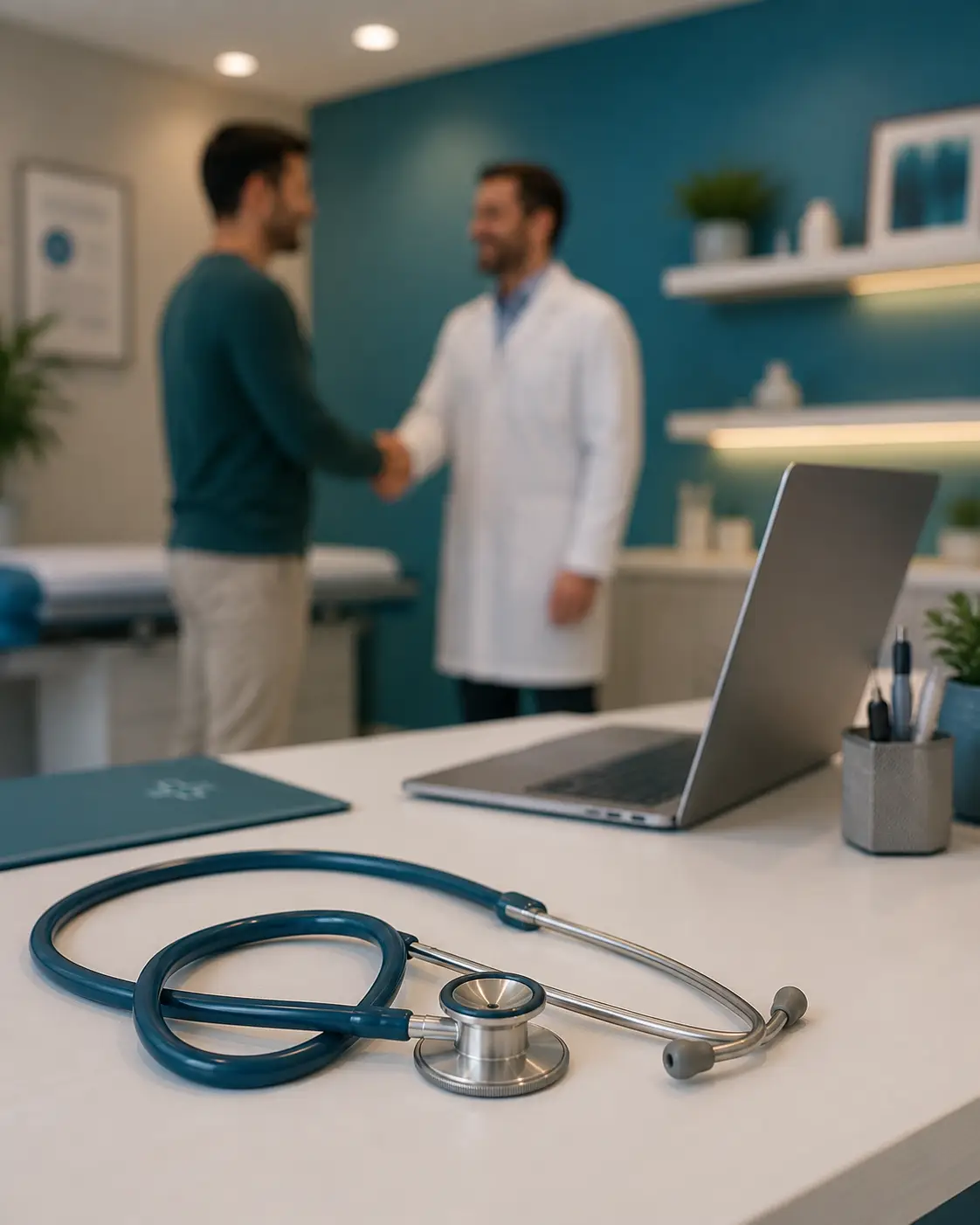 Consulta médica com notebook e estetoscópio